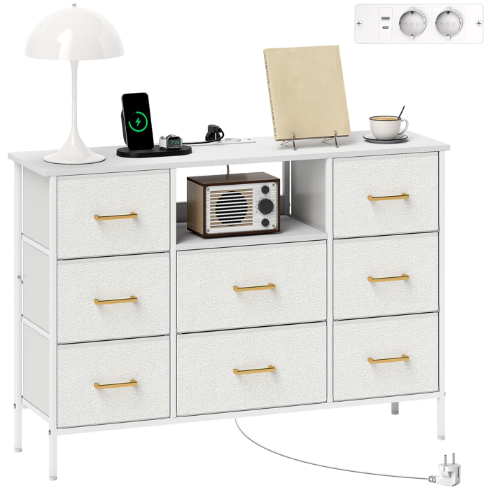 Cómoda con 8 Cajones Tapizado en Borreguito Cajonera de Tela con Estación de Carga Puerto USB Tipo-C y Estructura de Acero Cómoda para Dormitorio Pasillo Crema