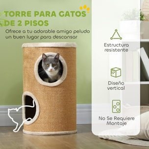 Barril Rascador para Gatos 60 cm de Altura, Tonel de Escalada con 2 Cuevas y Cubierta de Sisal, Torre Rascador para Gatos, Ø35x60 cm, Marrón y Beige