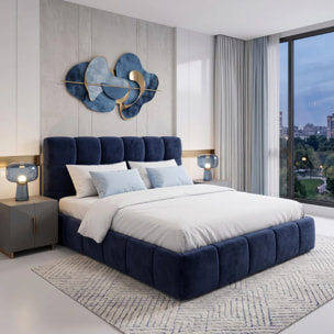 Lit coffre Aneto avec tête de lit en tissu chenille bleu nuit
