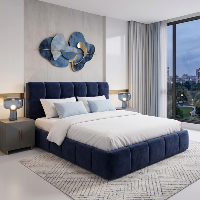 Lit coffre Aneto avec tête de lit en tissu chenille bleu nuit