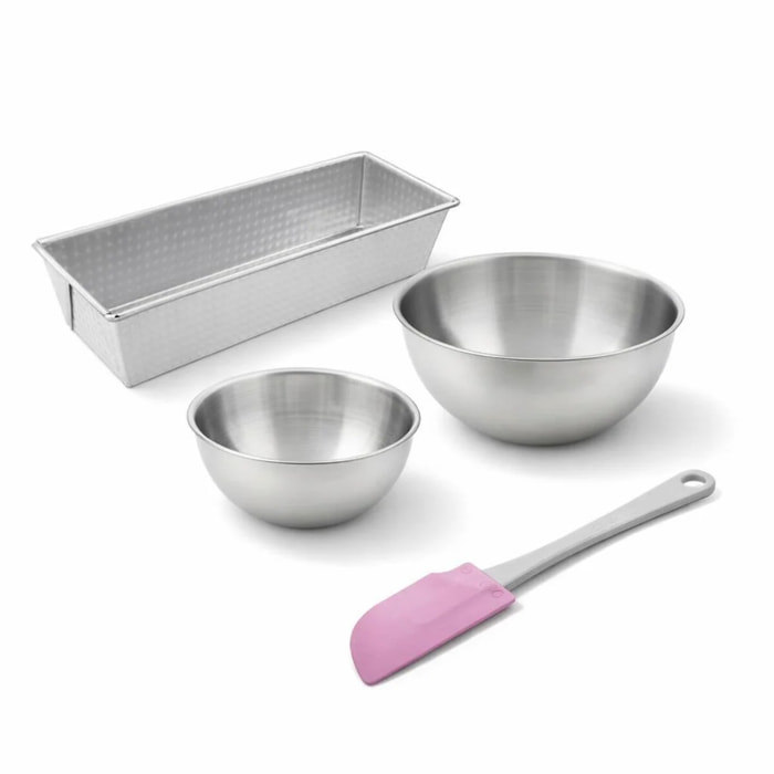 Set de pâtisserie avec 1 Moule Cake, 1 spatule Zenker et 2 bols à mixer en inox Fackelmann