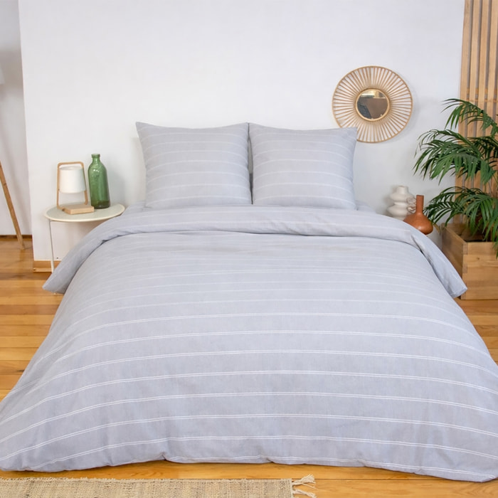 Parure de lit microfibre lavée 2 places rayures gris TIM