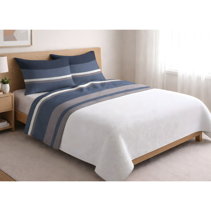 Completo Lenzuola 100% Cotone Made in Italy Disegno Rigato Scia Grigio