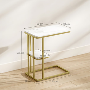 Mesa Auxiliar Estructura en C, Mesita Auxiliar Estrecha de 2 Niveles con Estante, Mesita de Noche Moderna Para Espacios Pequeños, Salón, Dormitorio, 50x30x57,5 cm, Blanco Efecto Mármol