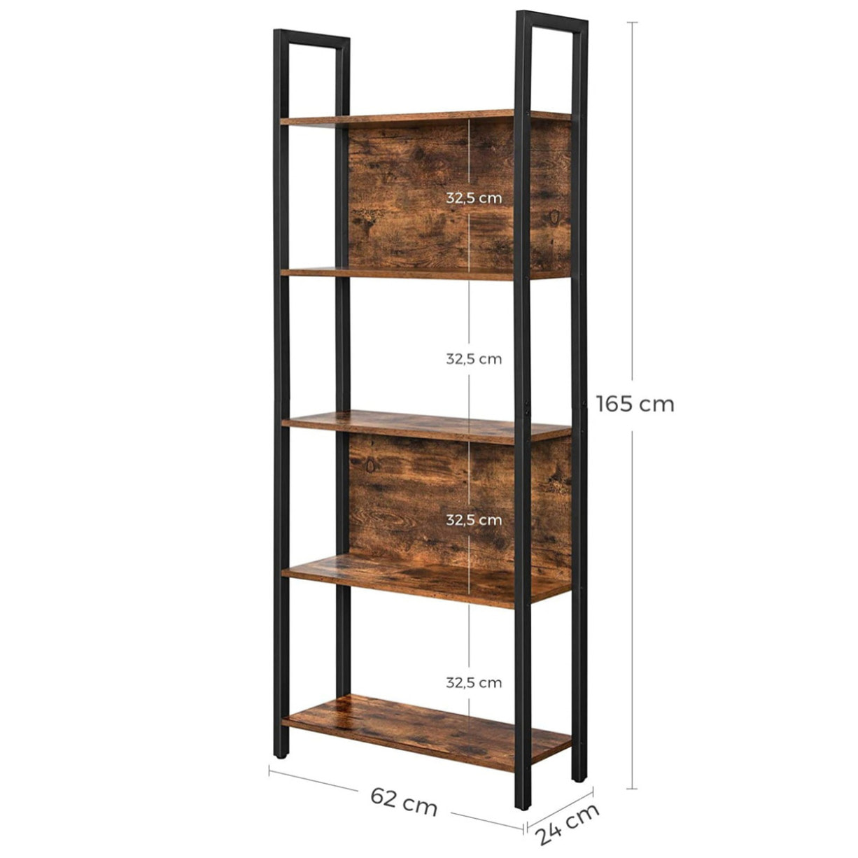 Libreria a 5 ripiani stile industriale rustico in legno e acciaio nero