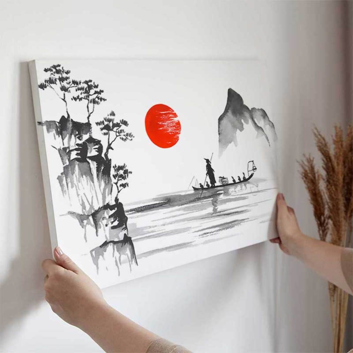 Tableau pêcheur au soleil rouge Toile imprimée