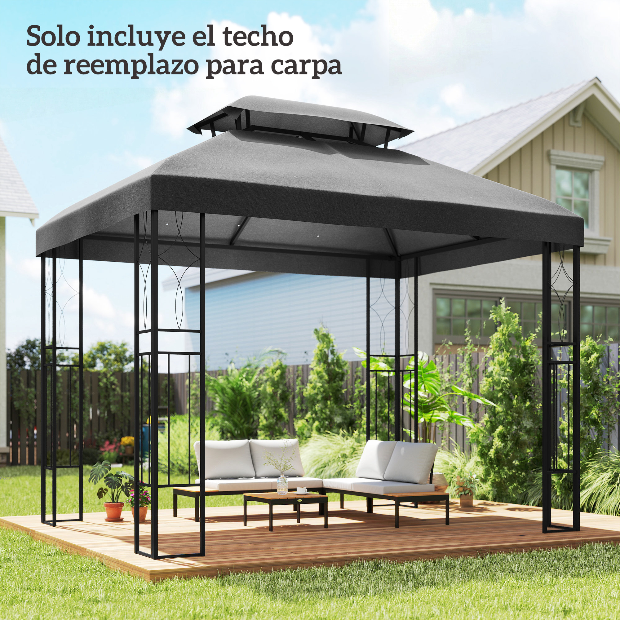 Techo de Repuesto para Cenador, 4x3 m, Cubierta de Repuesto con Techo Doble, 10 Orificios de Drenaje y Protección UV, SOLO Toldo de Recambio para Pabellón Gazebo, Gris