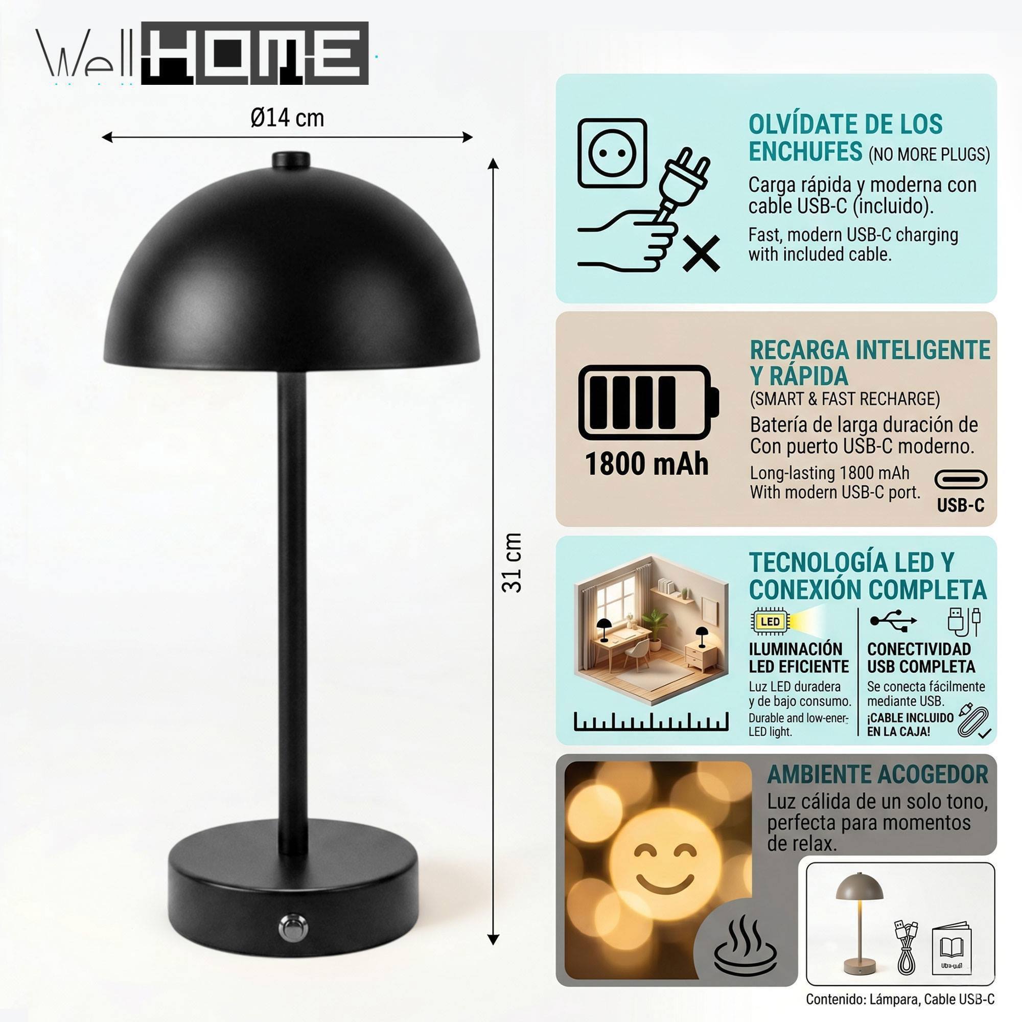 Lámpara de mesa LED recargable USB-C 14x31cm en color Negro con batería