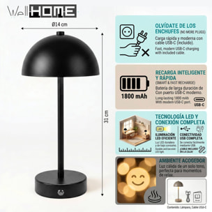 Lámpara de mesa LED recargable USB-C 14x31cm en color Negro con batería