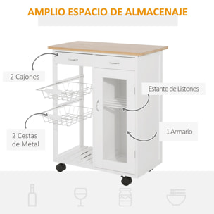 Carro de Cocina con Estantes de Bambú 70x37x85cm Blanco