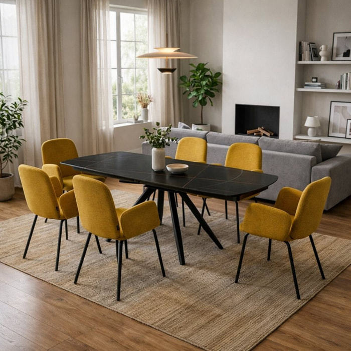 Set 2 sedie moderne in tessuto ocra e gambe nere in metallo - Kendal