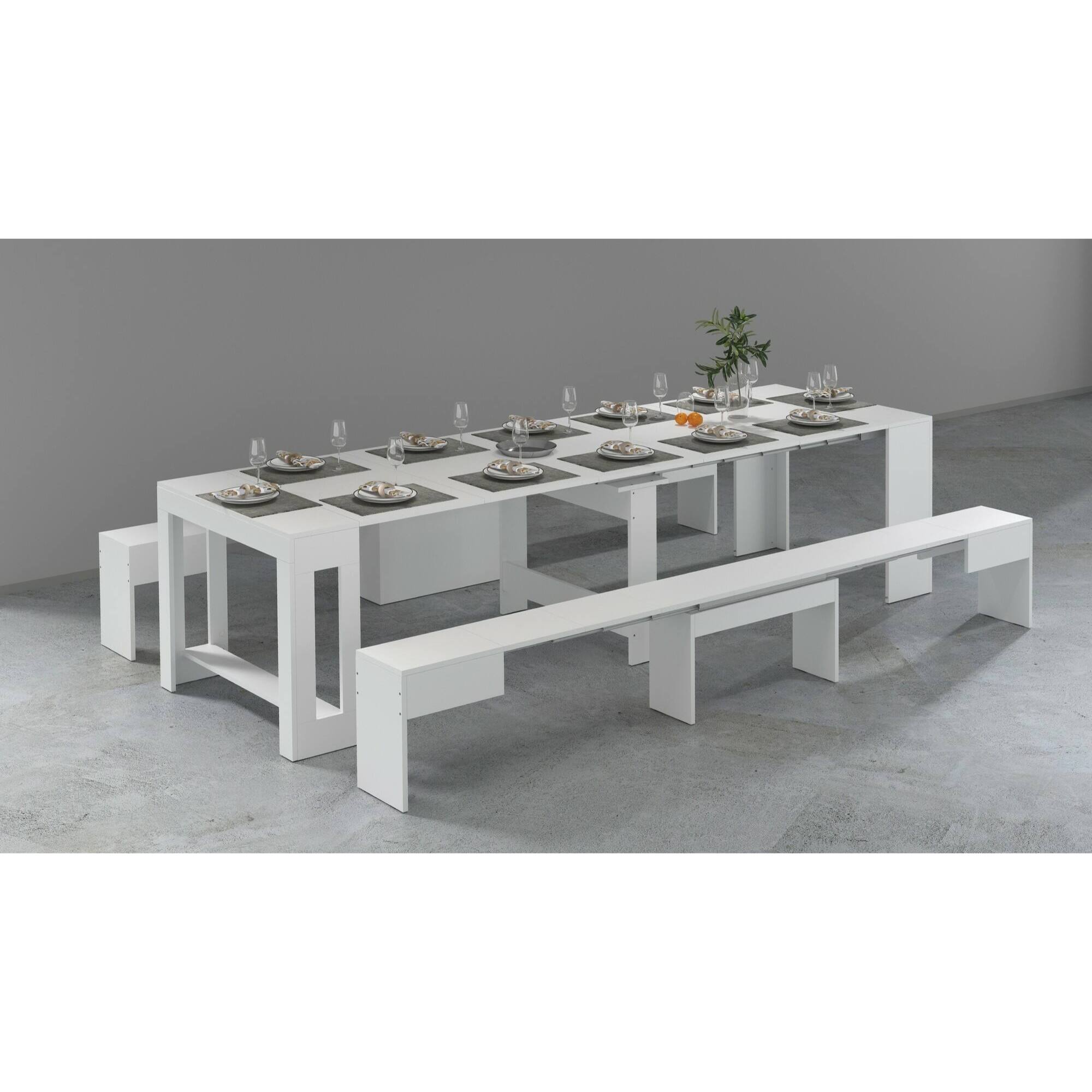 Set tavolo e sedie Dadamoni, Composizione multiuso, Set con consolle e 2 panche allungabili, 100% Made in Italy, 66x25h45 cm, Bianco lucido