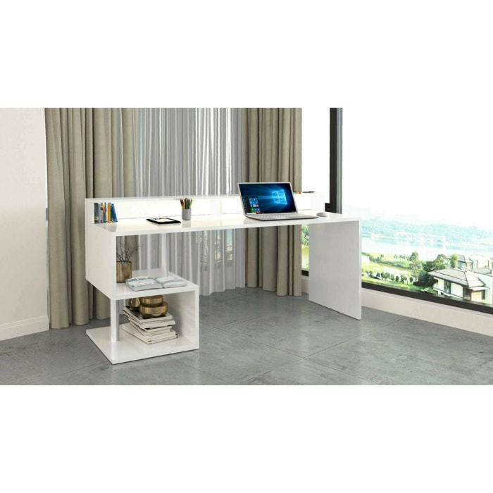 Scrivania Arre, Scrittoio lineare con ripiani portaoggetti e luci LED, Scrivania ufficio multiuso con sopralzo, 180x92,5h60 cm, Bianco