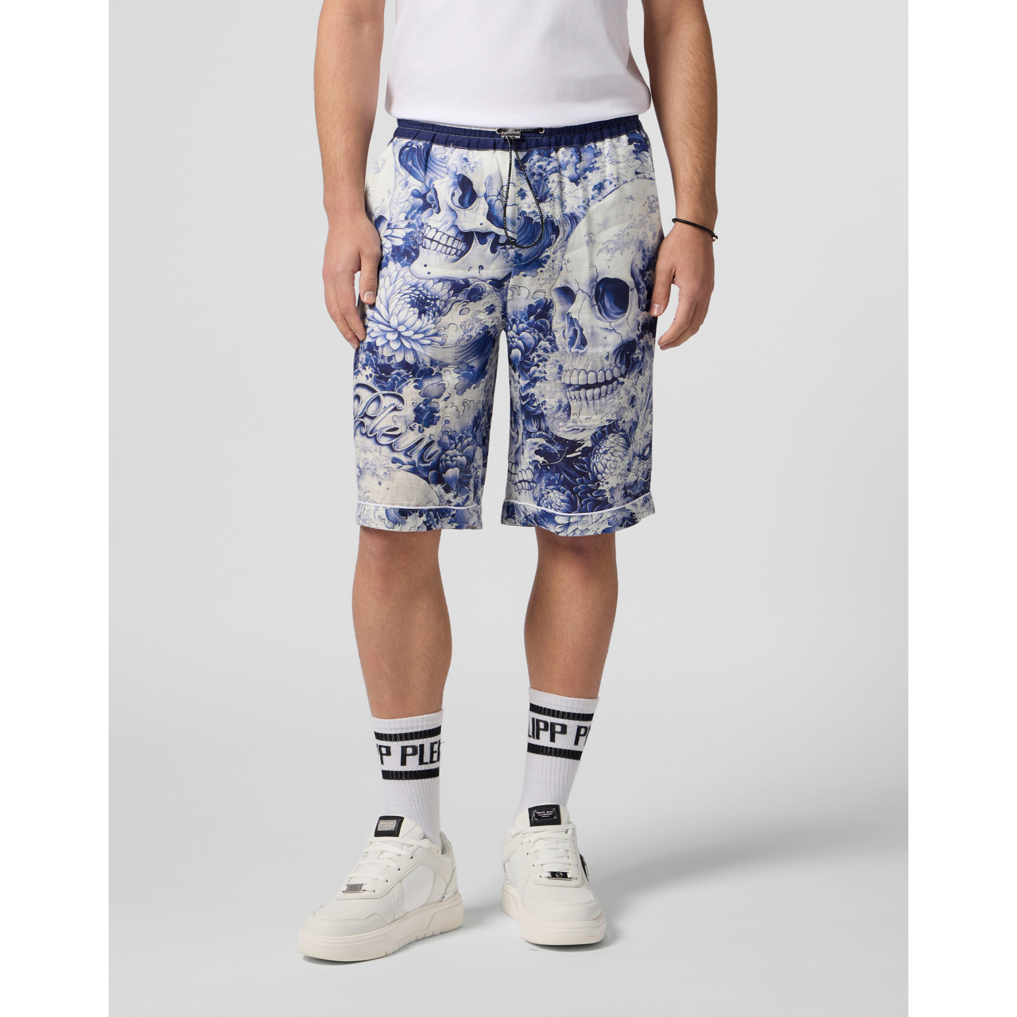 PHILIPP PLEIN Linen Bowling Shorts All-Over Ceramic