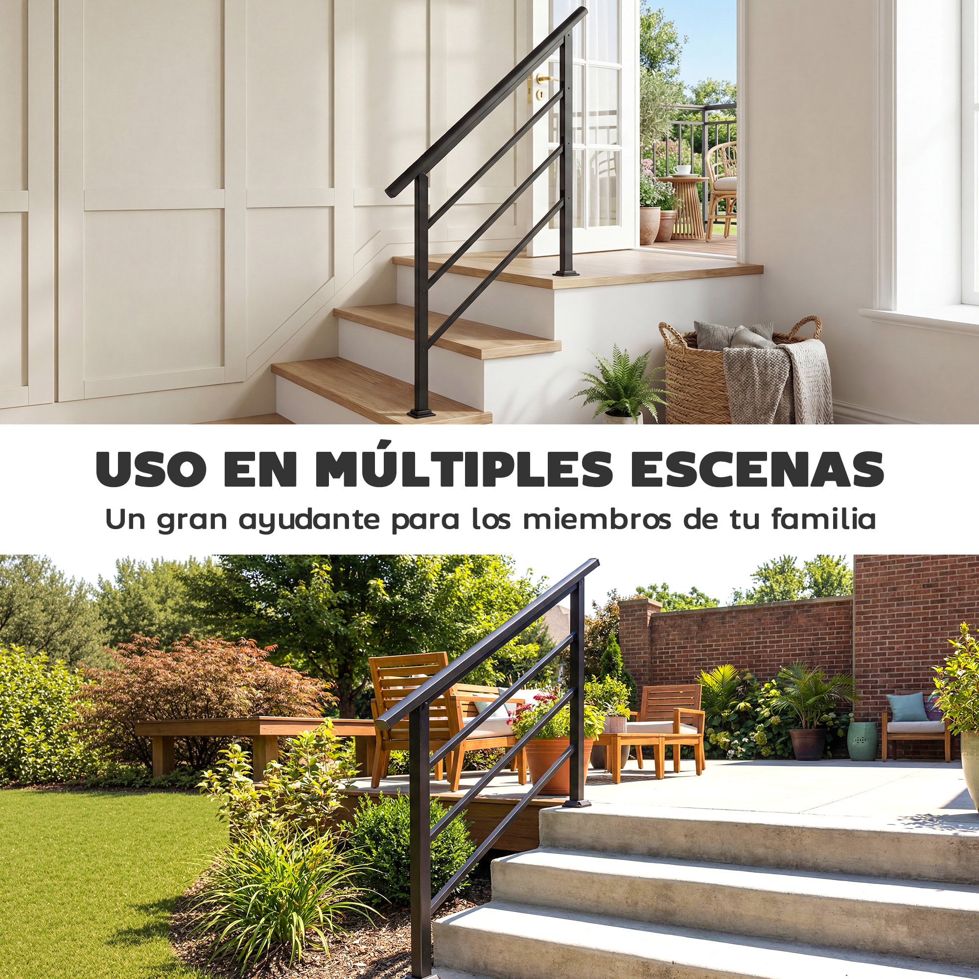 Barandilla de Escalera, 131 cm, Pasamanos para Escalera con Kit de Instalación, ÃƒÂngulo Ajustable para 1-4 Escalones, para Porches, Madera y Concreto, para Exterior, Terraza, Patio, Negro