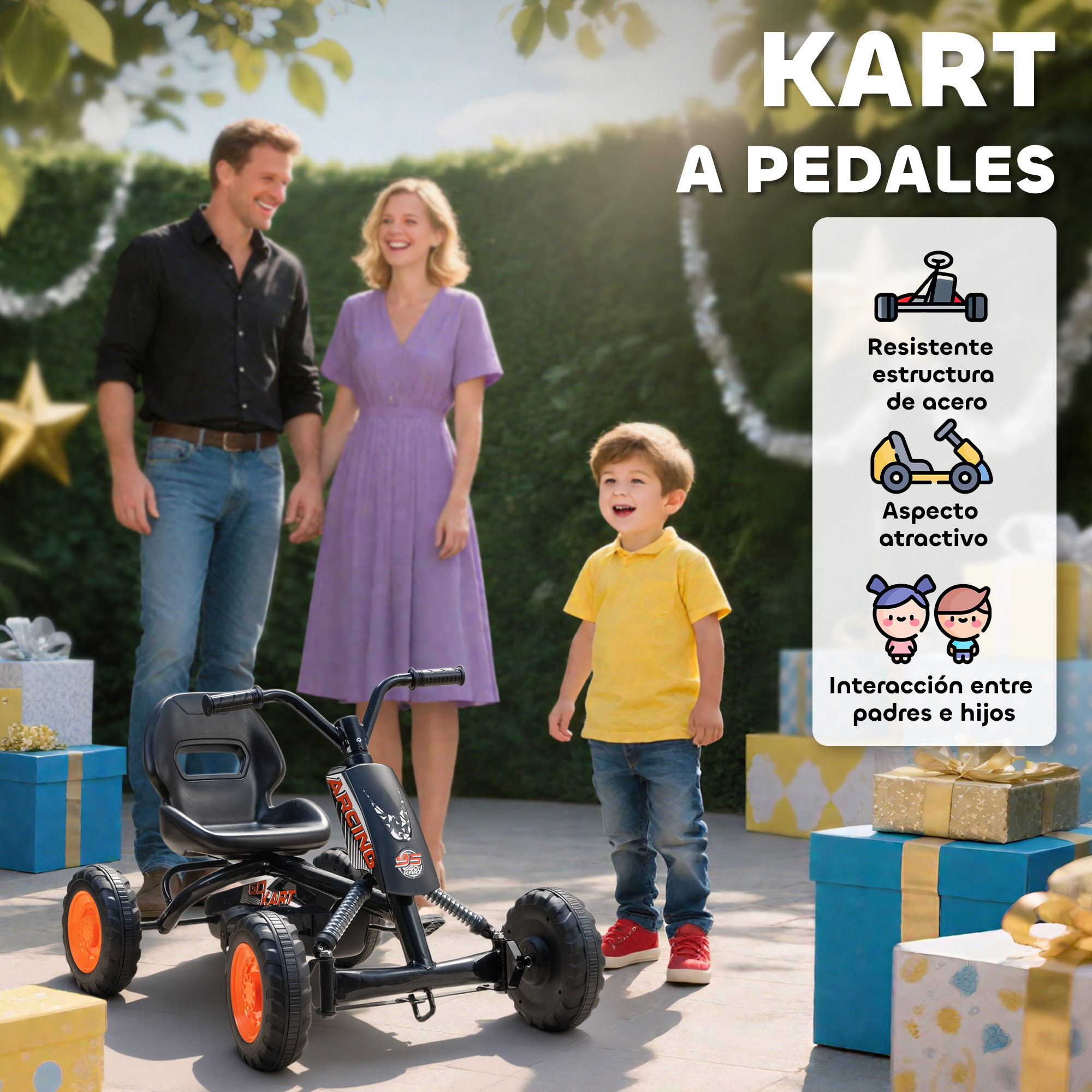 Kart Pedales, Go Kart con Ruedas PP, Marco de Acero, Carga 30 kg, para Niños y Niñas de 2-5 Años, Negro