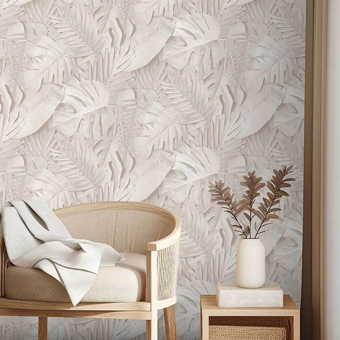 Papier peint feuillage tropical beige élégant