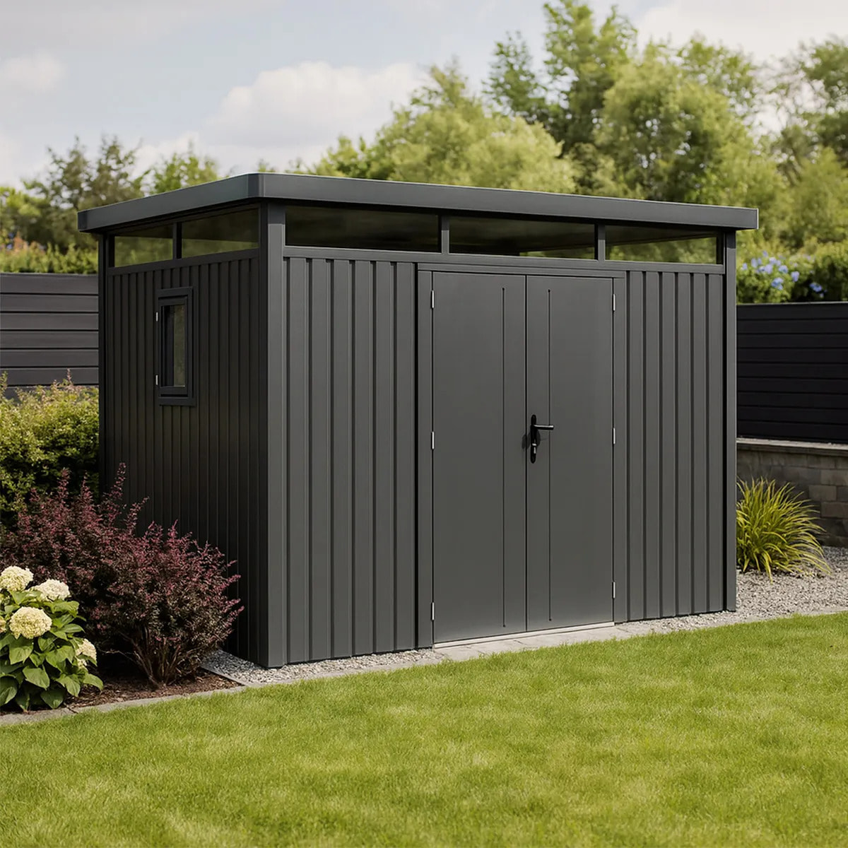 Abri de jardin métal anthracite 5.71 m² toit plat + kit d'ancrage