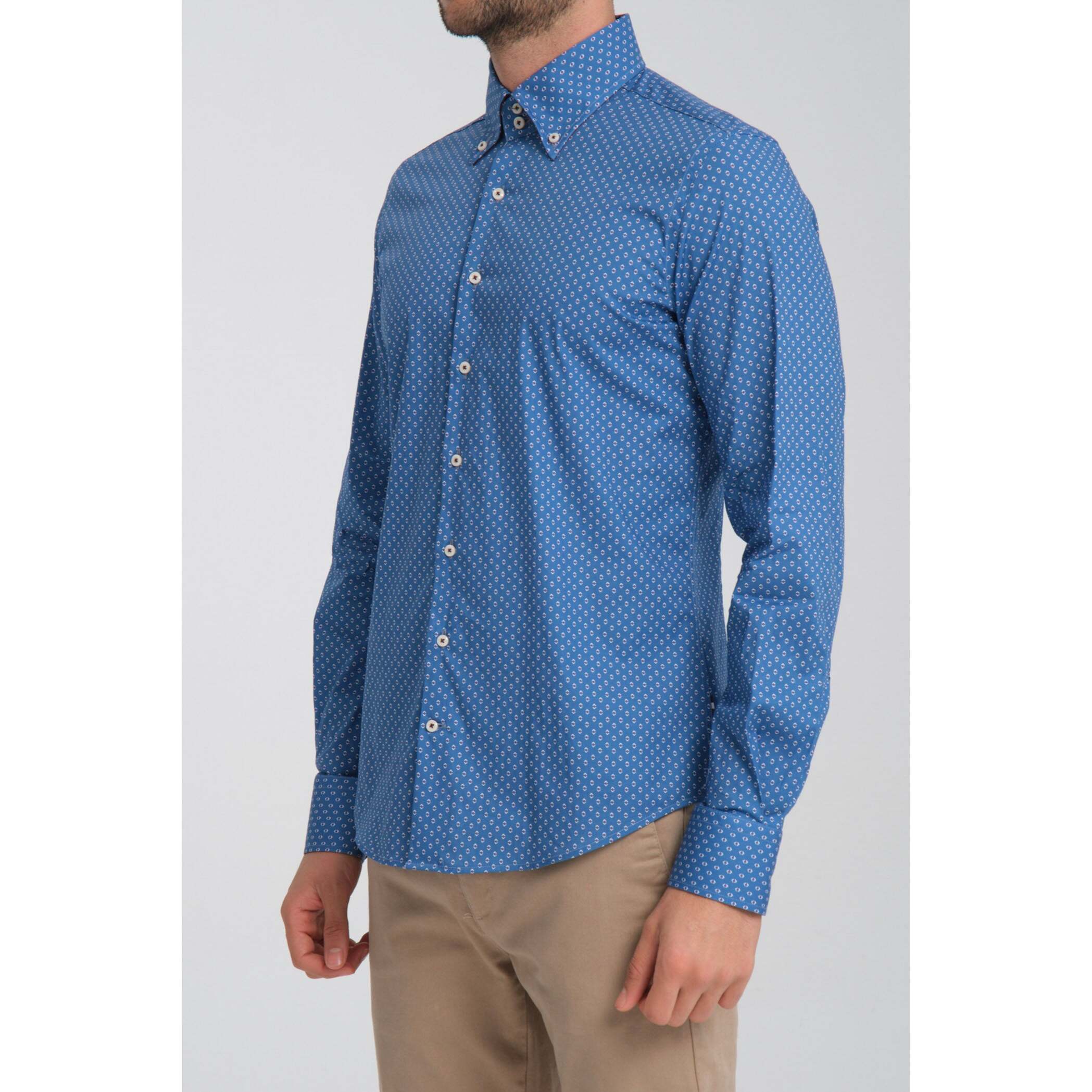 Camicia Uomo 2 Bottoni Button Down Slim Popeline Stretch Stampato Avion e Bianco