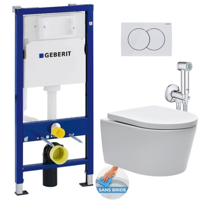 Pack WC sans bride SAT, fixations invisibles + Abattant softclose + Bâti support Geberit UP100 + Plaque + Douchette Grohe