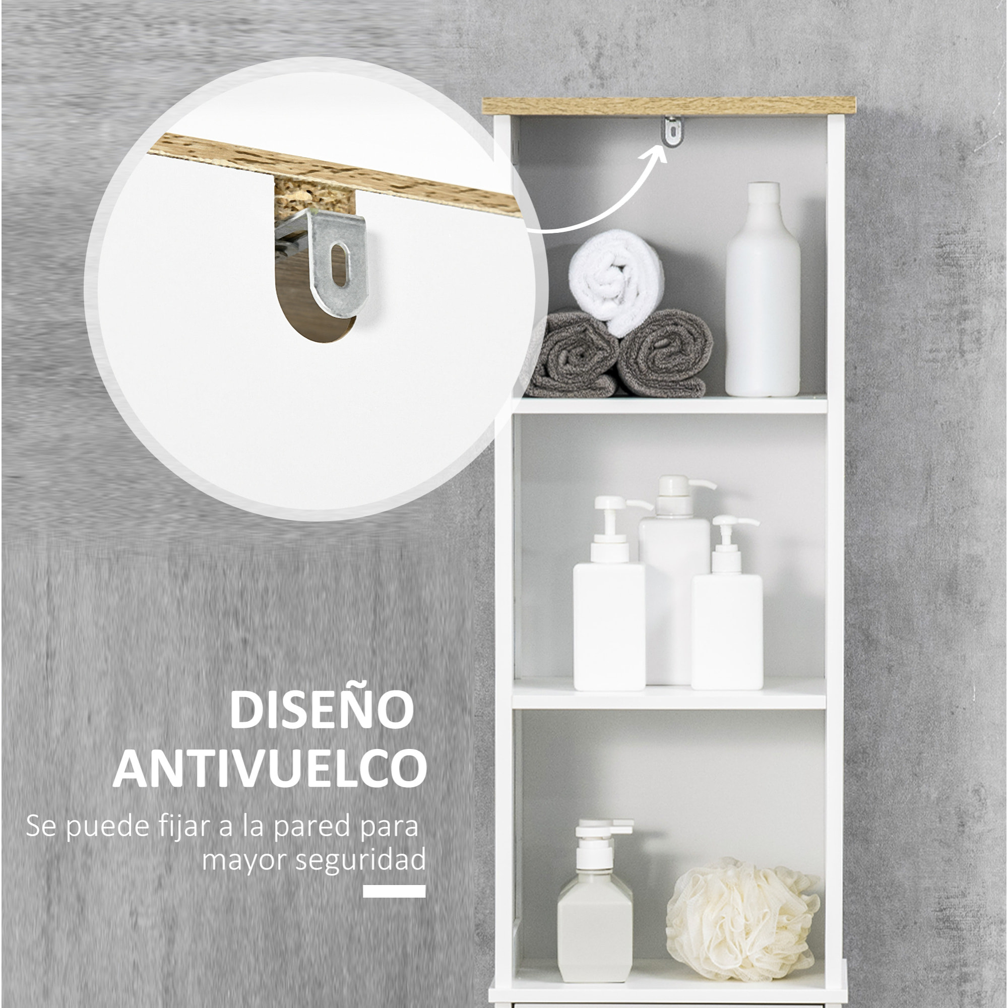 kleankin Armario de Baño con 1 Cajón 1 Puerta 3 Estantes Abiertos y Balda Interior Ajustable Mueble Auxiliar de Almacenaje para Salón Aseo Dormitorio 34x30x163 cm Blanco