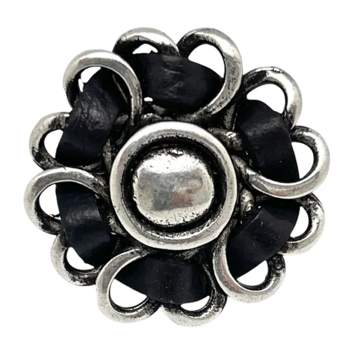 Anillo piel cosido flor negro en plata 10µ