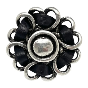 Anillo piel cosido flor negro en plata 10µ