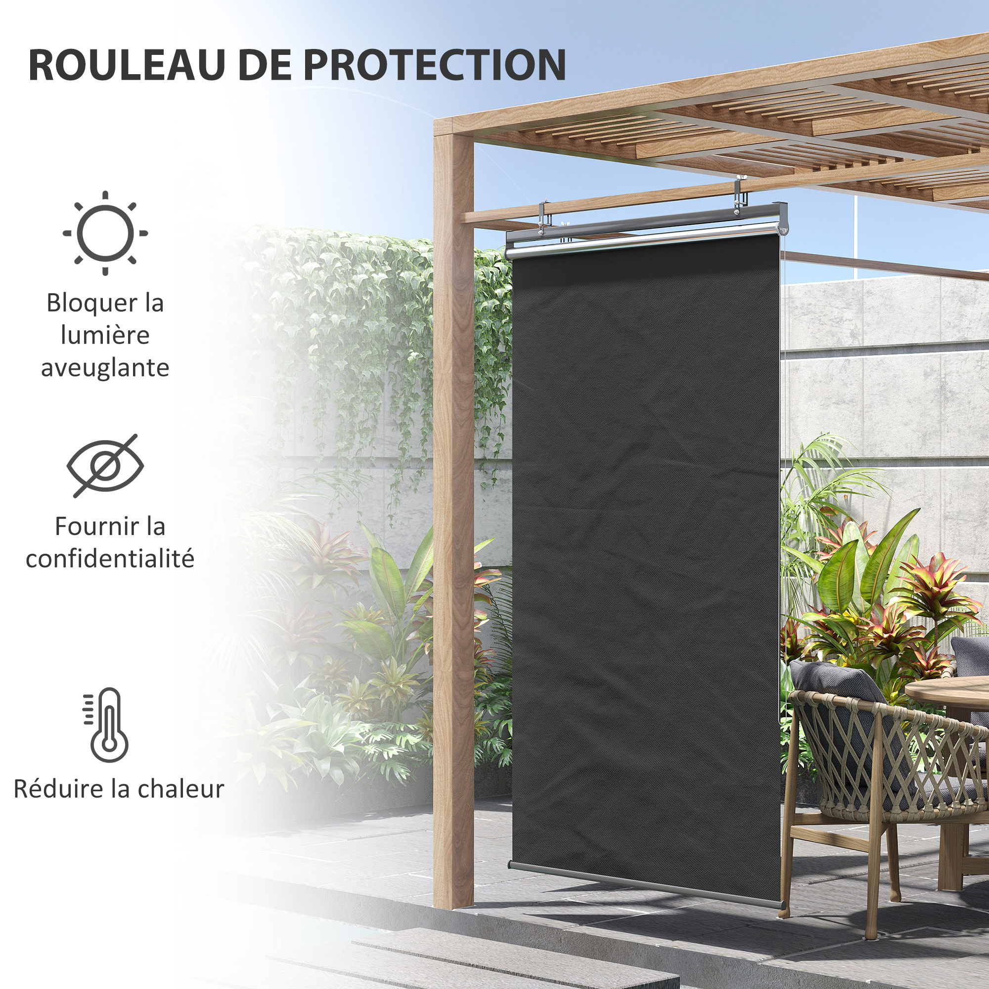 Store extérieur vertical store manuel rétractable dim. 124L x 5l x 222H cm installation sans perçage alu. acier polyester gris