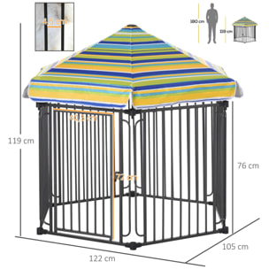 Parque para Perros 6 Vallas de Metal 61x76 cm Corrales Desmontables para Perros con Techo Hexagonal y Puerta con Cierre de Seguridad 122x105x119 cm Negro y Colorido