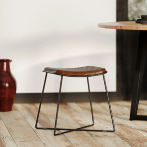Tabouret en cuir marron et pieds en métal noir - Germain