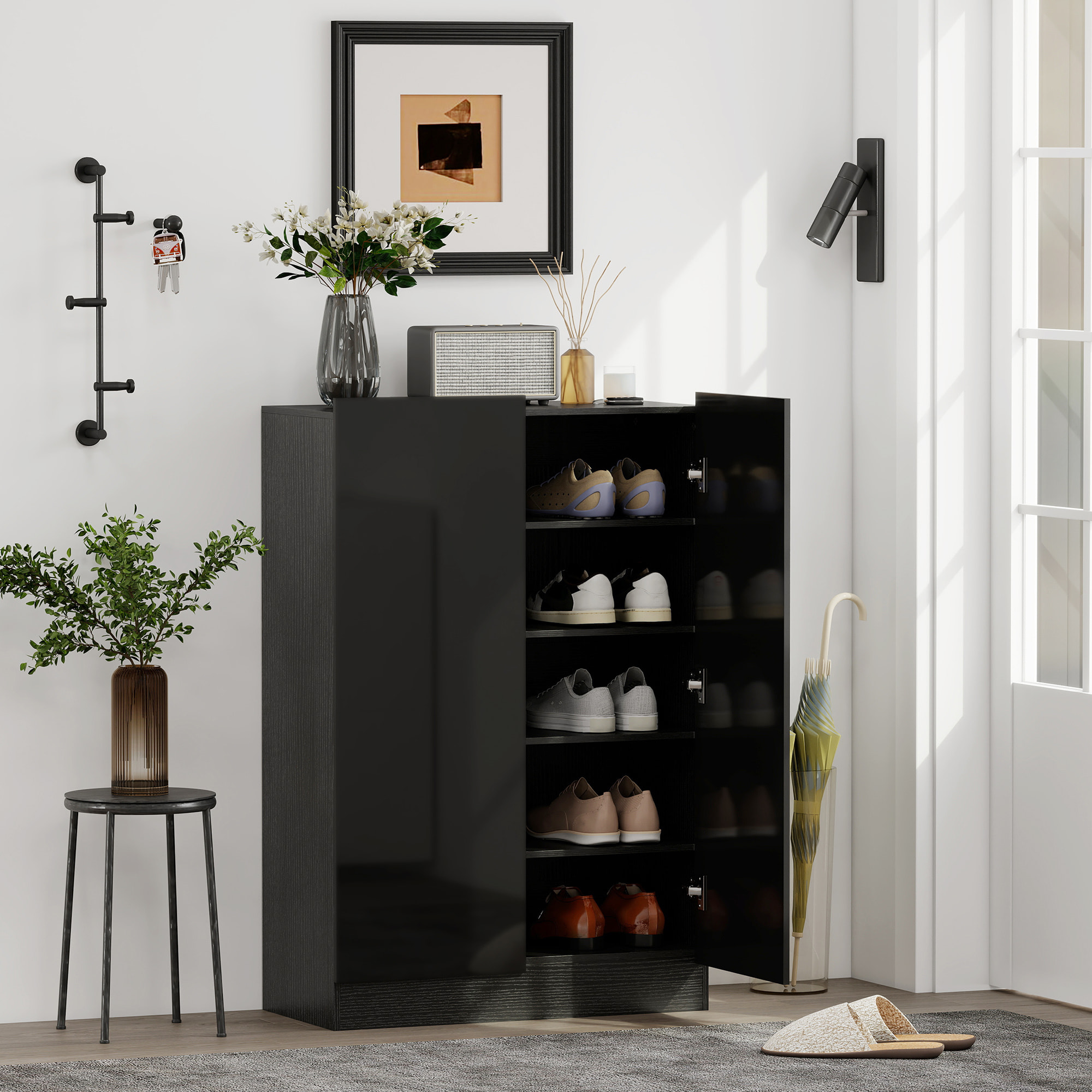 Zapatero de 2 Puertas con Cierre Suave, Zapatero Entrada Recibidor con Estantes Ajustables, Agujeros de Ventilación, para 20 Pares de Zapatos, 72x34,5x103 cm, Negro Brillo