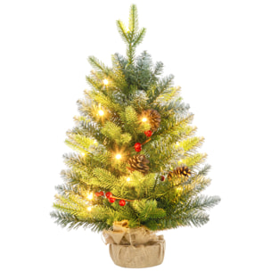 Árbol de Navidad 60 cm Árbol de Navidad Artificial Sobremesa con 20 Luces LED 141 Ramas 5 Piñas 5 Racimos de Bayas Rojas y Soporte de Metal Árbol Navideño para Interior Verde