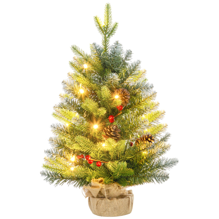 Árbol de Navidad 60 cm Árbol de Navidad Artificial Sobremesa con 20 Luces LED 141 Ramas 5 Piñas 5 Racimos de Bayas Rojas y Soporte de Metal Árbol Navideño para Interior Verde