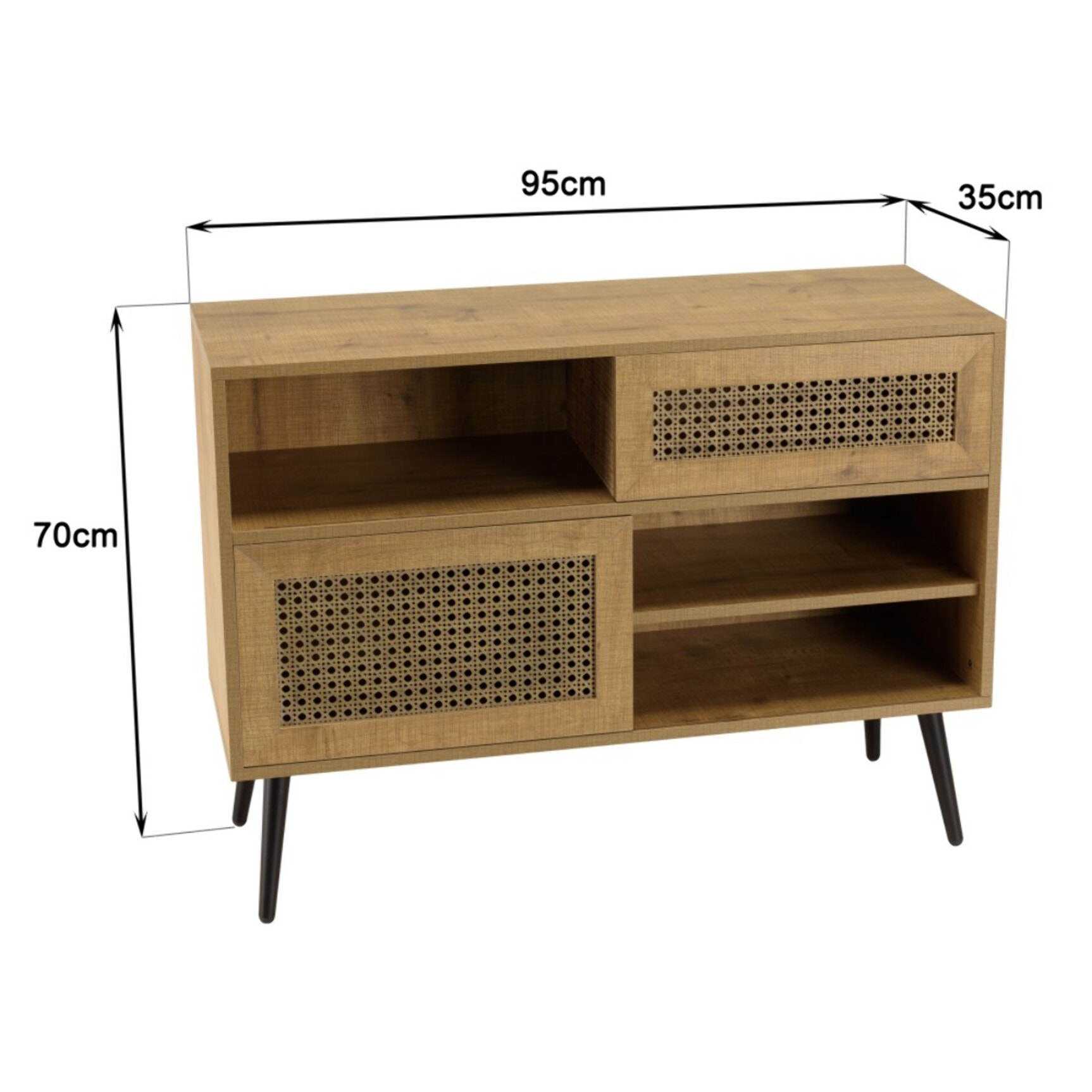CHARLIE - Buffet bas marron 3 niches 2 portes effet cannage pieds métal