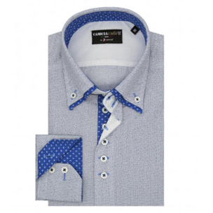 Camicia Uomo 2 Bottoni Button Down Doppio Collo 7 Bottoni Slim Cotone Poliestere Stampa Bianco e Blu