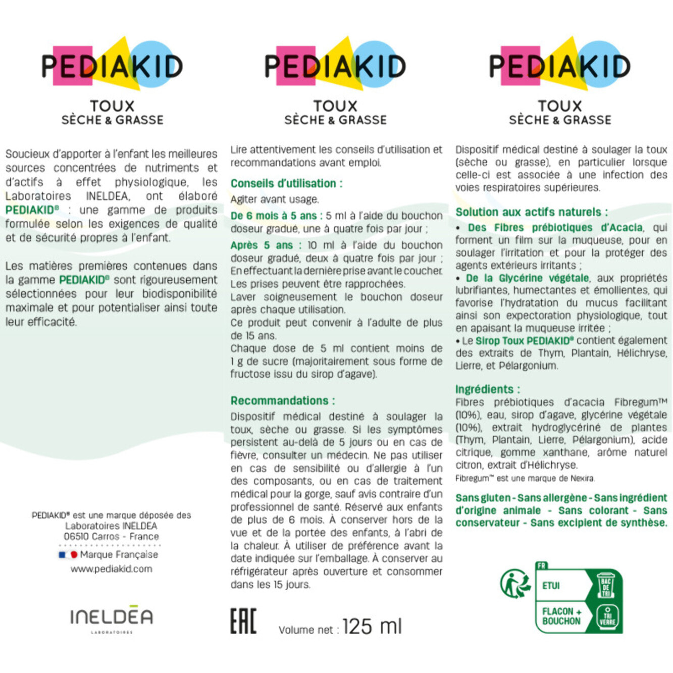 PEDIAKID - Toux Sèche & Grasse - Formule Exclusive au Sirop d'Agave - Calme la Toux - Soulage l'irritations de la Gorge - Arôme Naturel Citron - Flacon 125 ml