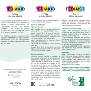 PEDIAKID - Toux Sèche & Grasse - Formule Exclusive au Sirop d'Agave - Calme la Toux - Soulage l'irritations de la Gorge - Arôme Naturel Citron - Flacon 125 ml