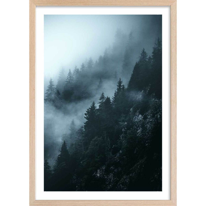 Affiche paysage suisse au petit matin Affiche + cadre en bois - Chêne