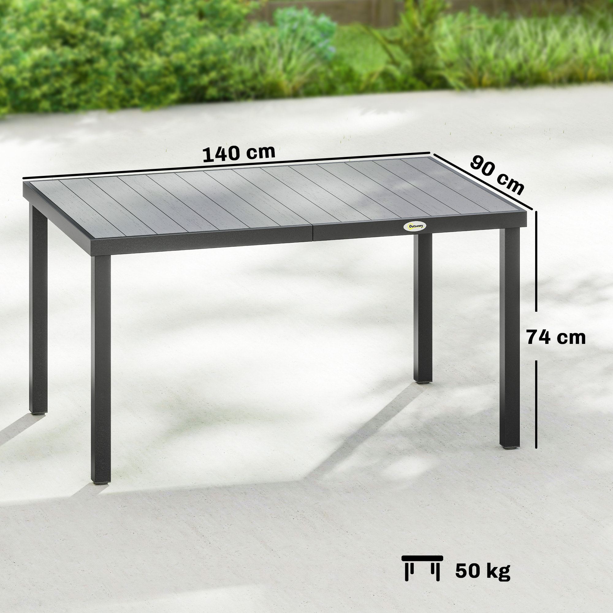 Mesa de Comedor de Jardín Rectangular, Mesa de Terraza Exterior 140x90x74 cm, con Estructura de Acero y Encimera Desmontable de WPC de Listones, Carga 50 kg, para Patio, Balcón, Gris