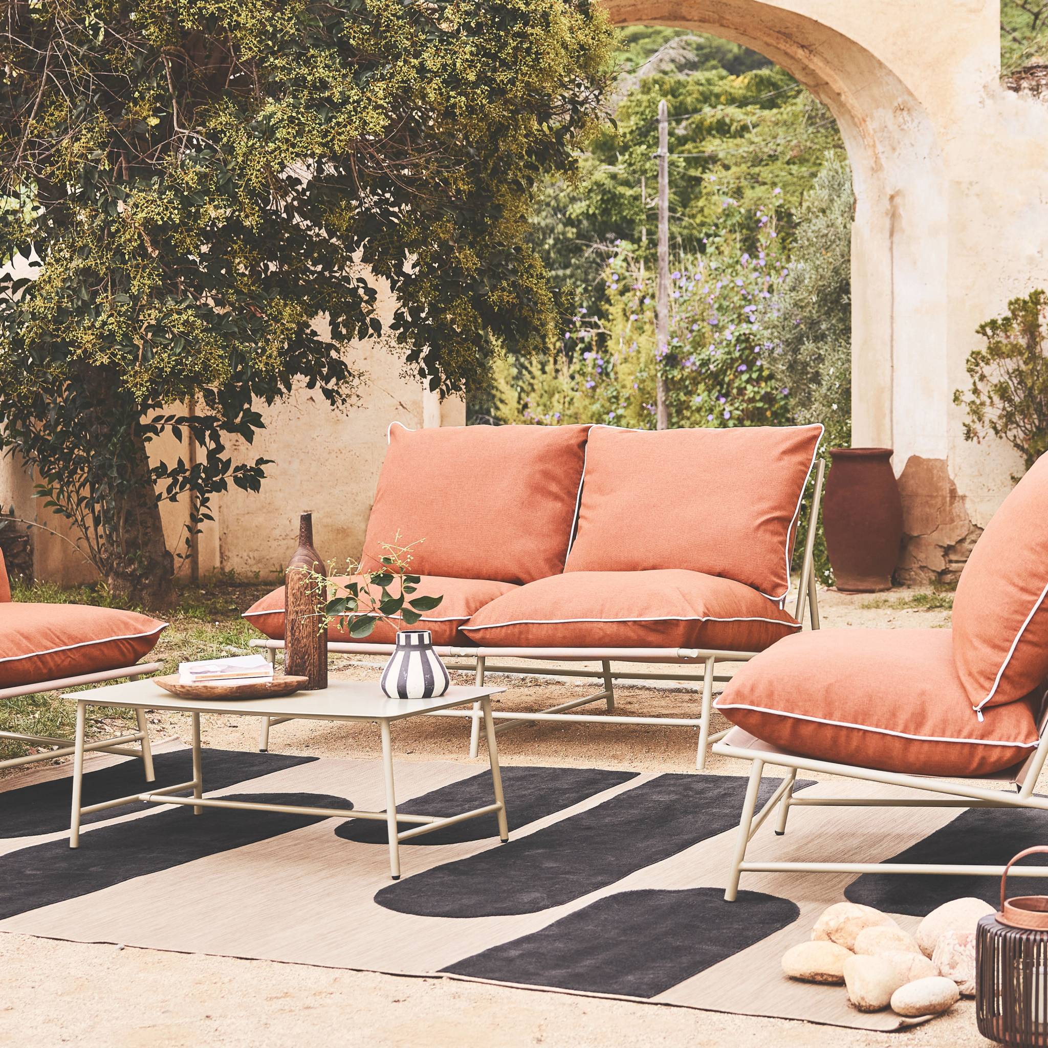 Salon de jardin acier SOFIA beige et terracotta. 4 places. table rectangulaire