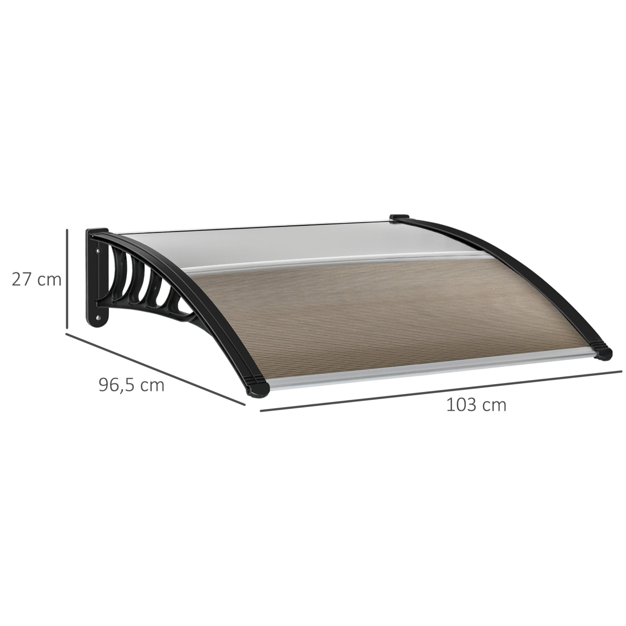 Tejadillo de Protección 103x96,5x27 cm Marquesina Exterior para Puertas y Ventanas contra Sol y Lluvia con Soporte Aleación de Aluminio Policarbonato Marrón Translúcido