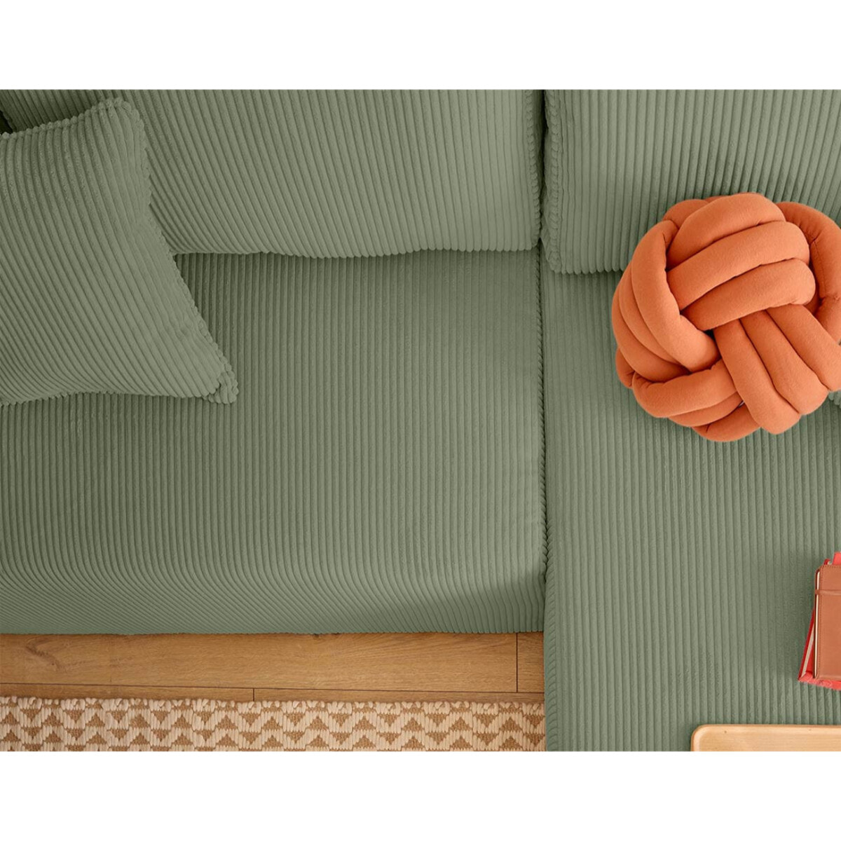 Topaze - canapé d'angle réversible 4 places - convertible avec coffre, tablette et poufs - en velours côtelé - Vert sauge