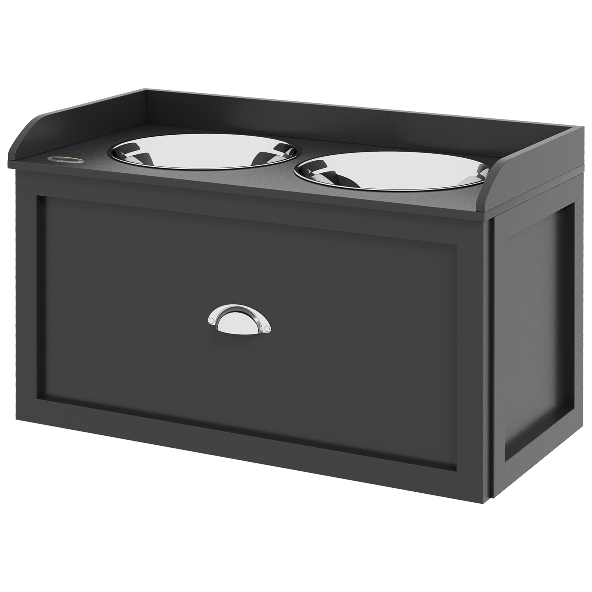 Gamelle double chien chat - porte-gamelles surélevé rangement 2 en 1 - tiroir, 2 gamelles - acier inox. MDF noir
