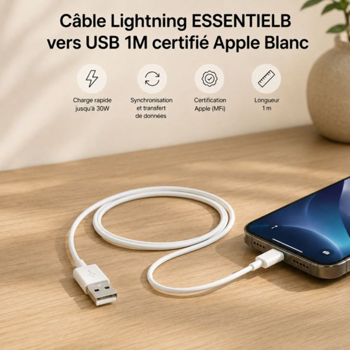 Câble Lightning ESSENTIELB vers USB 1M certifié Apple Blanc compatible iPhone 14 13 12 Pro Max et iPad
