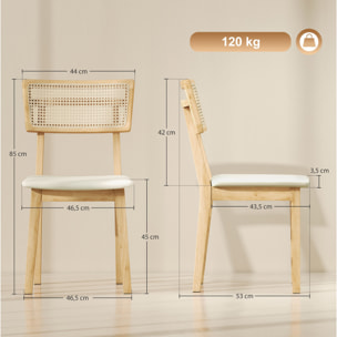 Lot de 2 chaises de salle à manger, chaises de cuisine modernes avec dossier effet rotin, cadre en bois d'hévéa, pour salon, chambre, cuisine, effet bois naturel