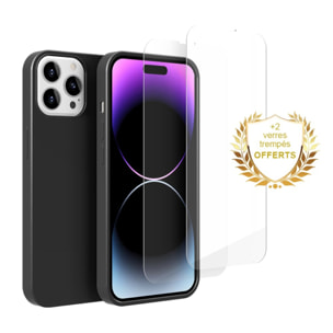 Coque iPhone 14 Pro Max Silicone liquide Noire + 2 Vitres en Verre trempé Protection écran Antichocs