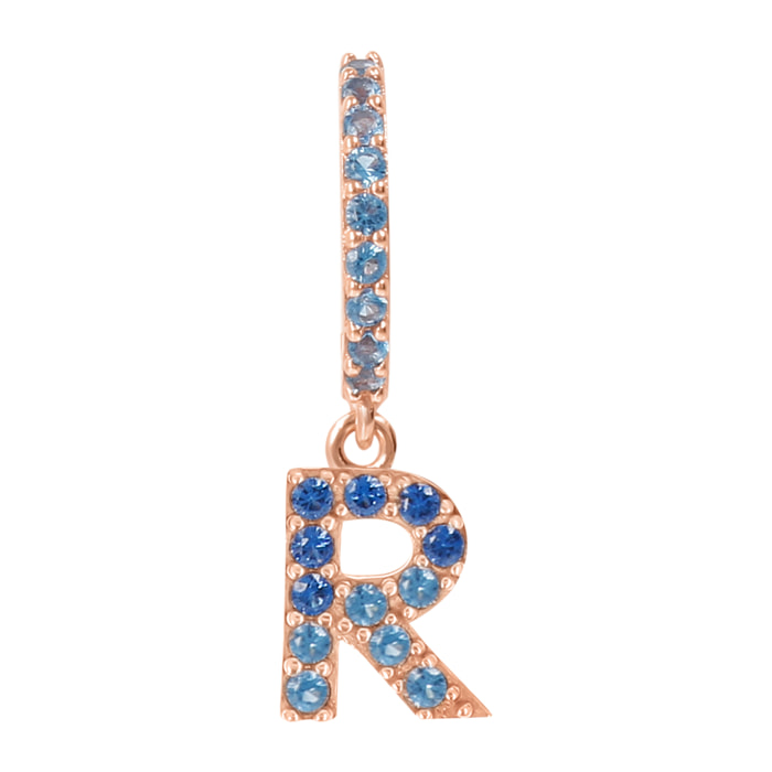 Orecchino Pendente con Lettera R in Pavé di Cubic Zirconia Blu