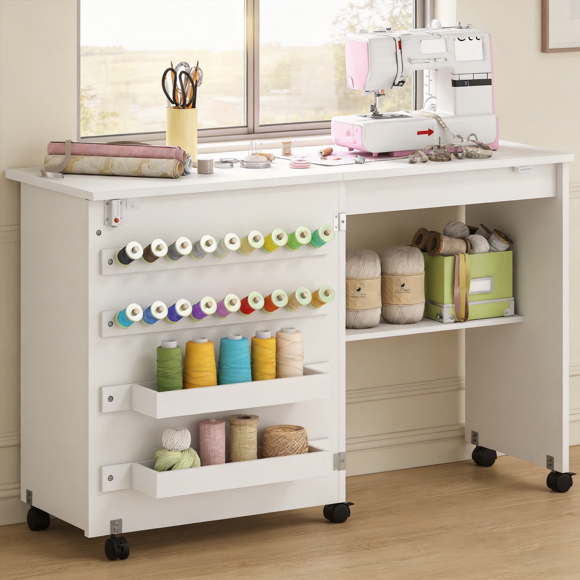 Mesa de Costura Plegable, Mesa Máquina de Coser con Puerta Magnética, 2 Compartimentos, Estante, 18 Soportes para Hilos, 5 Ruedas, Ahorro de Espacio, Blanco