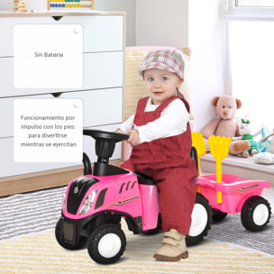 Tractor sin Pedales para Niños de 12-36 Meses con Remolque Extraíble Coche Correpasillos con Bocina Faros Pala Asiento de Suelo 25 cm y Rastrillo Carga 25 kg 91x29x44 cm Rosa