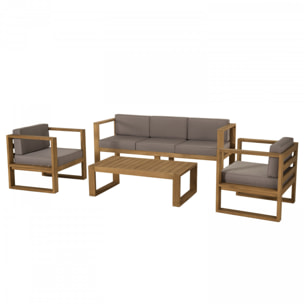 HALICE - SALON DE JARDIN EN BOIS TECK : 1 Canapé 3p., 2 fauteuils avec coussins waterproof 1 table basse rectangulaire 110x60cm